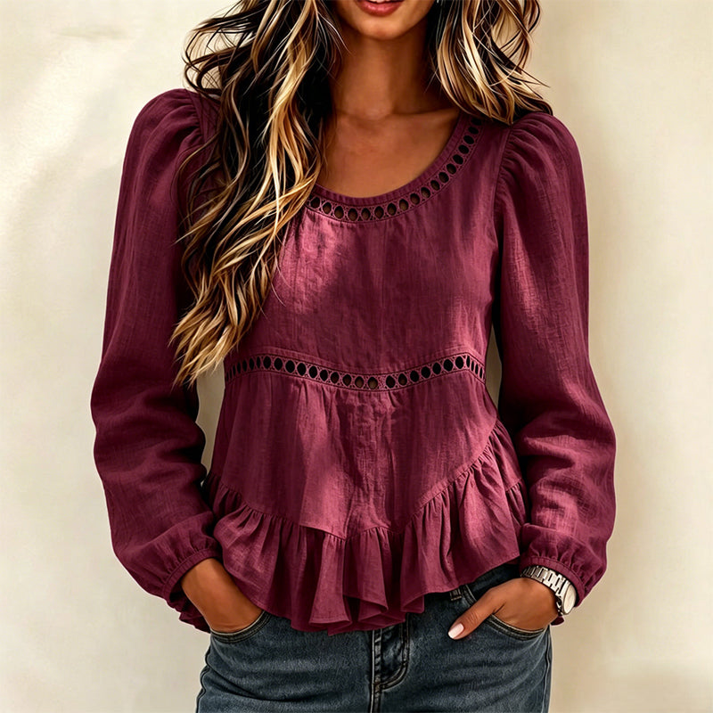 Blusa elegante para mujer con mangas abullonadas y volantes