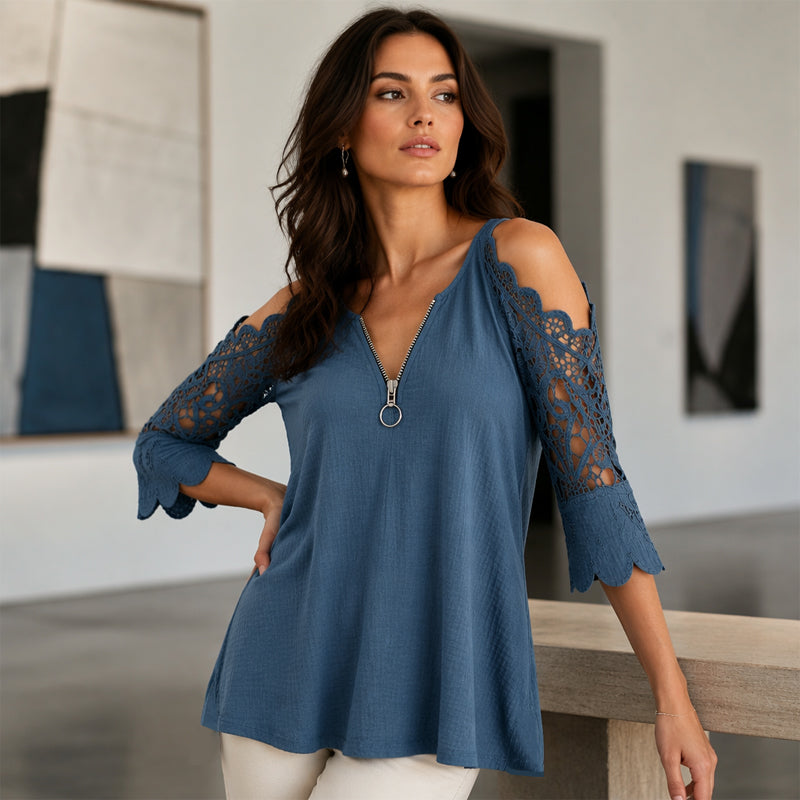 Top de mujer con hombros descubiertos, encaje y cremallera
