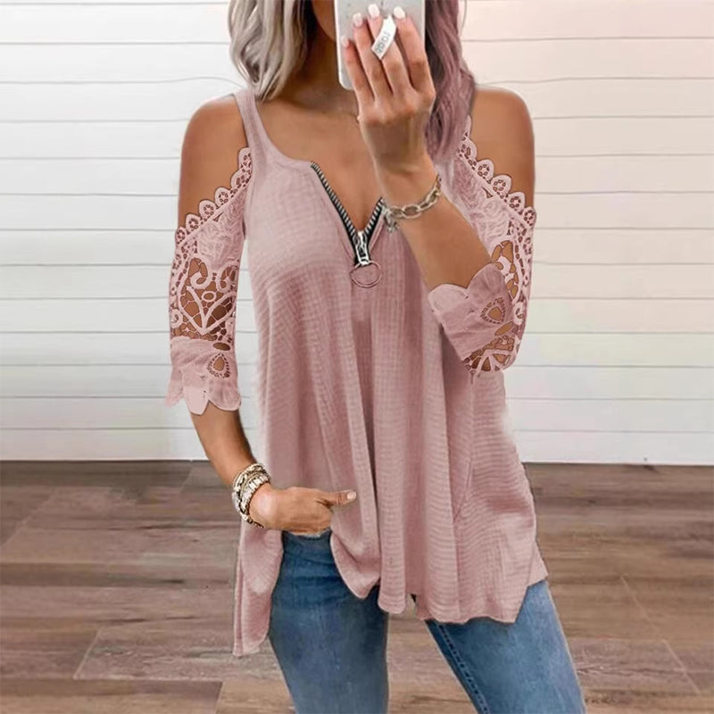 Top de mujer con hombros descubiertos, encaje y cremallera