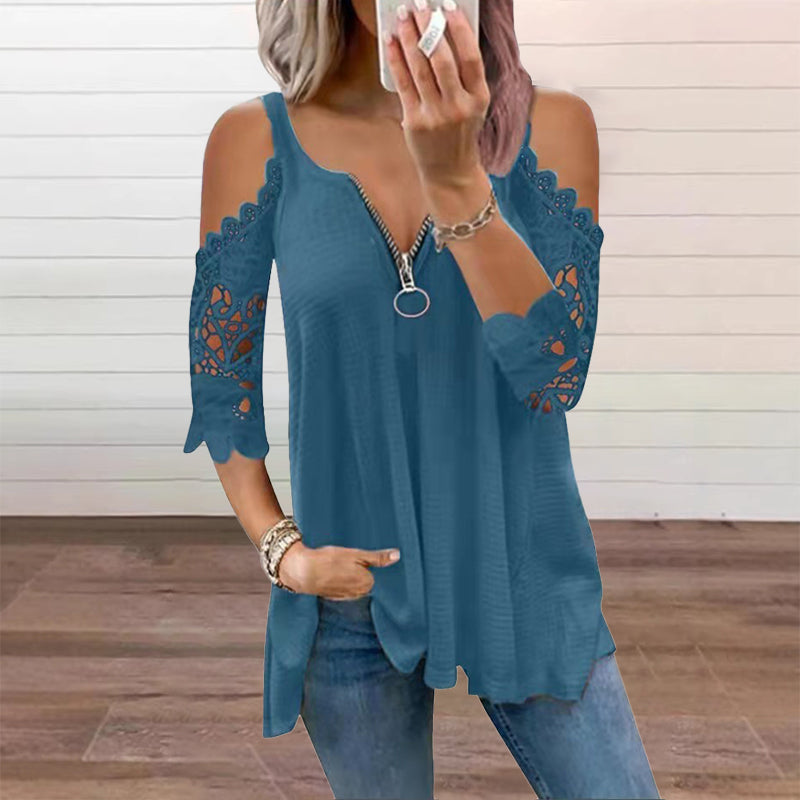 Top de mujer con hombros descubiertos, encaje y cremallera