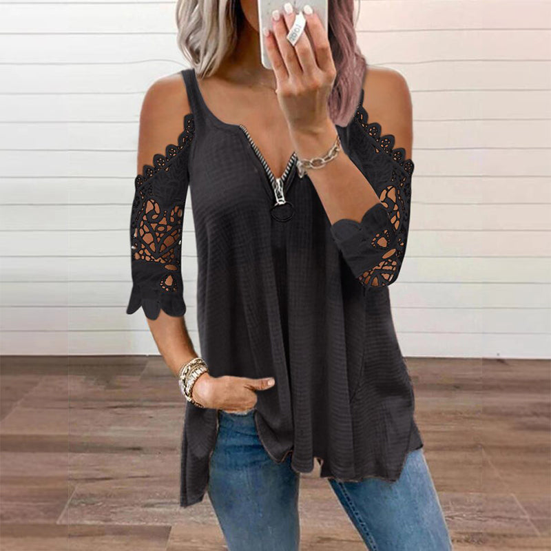 Top de mujer con hombros descubiertos, encaje y cremallera