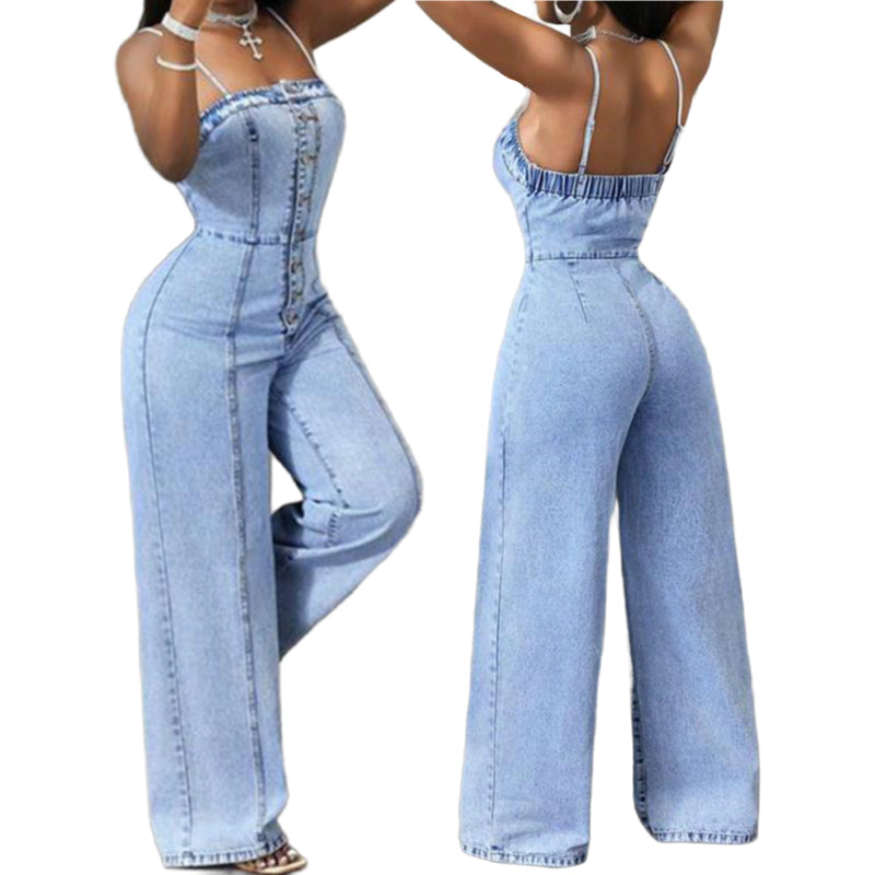 Mono denim mujer con tirantes finos y pierna ancha