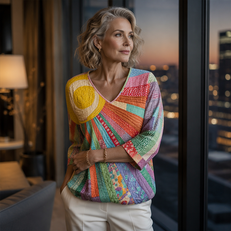 Blusa patchwork mujer con cuello en V y mangas 3/4