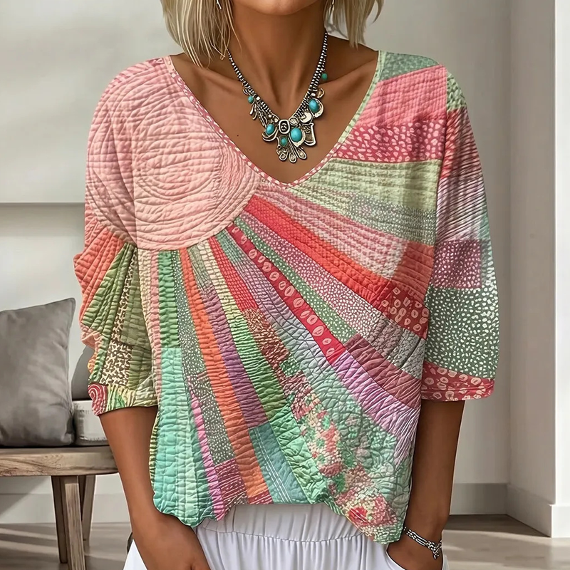 Blusa patchwork mujer con cuello en V y mangas 3/4