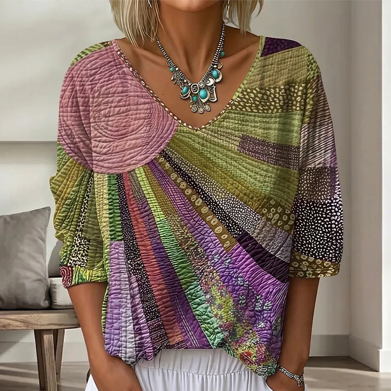 Blusa patchwork mujer con cuello en V y mangas 3/4
