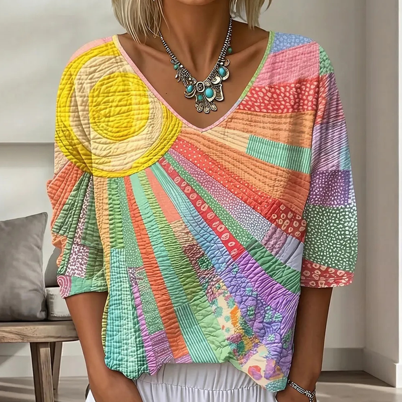 Blusa patchwork mujer con cuello en V y mangas 3/4