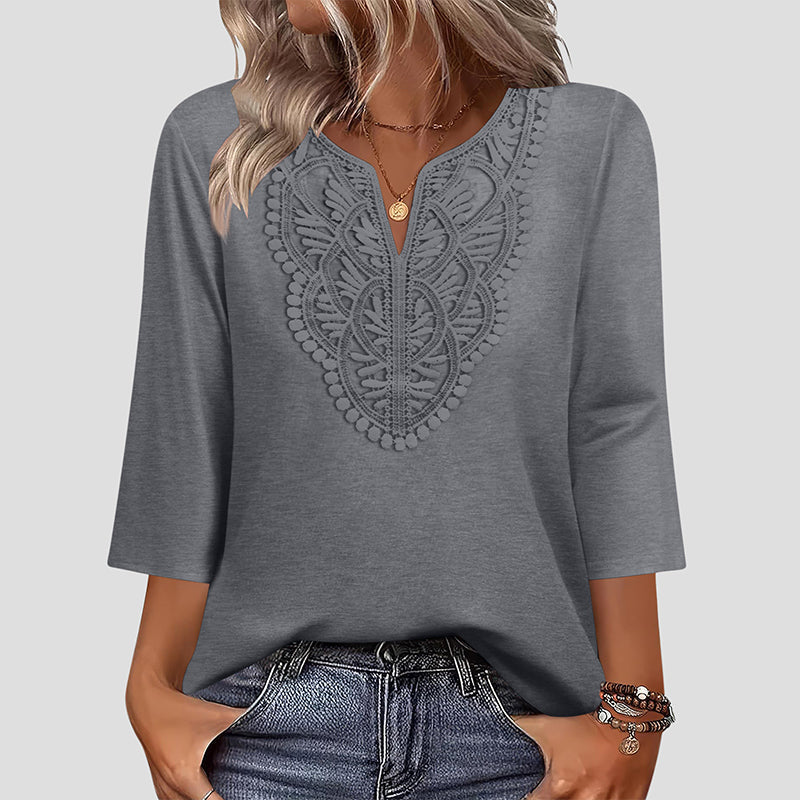 Blusa túnica con escote de encaje para mujer y manga tres cuartos
