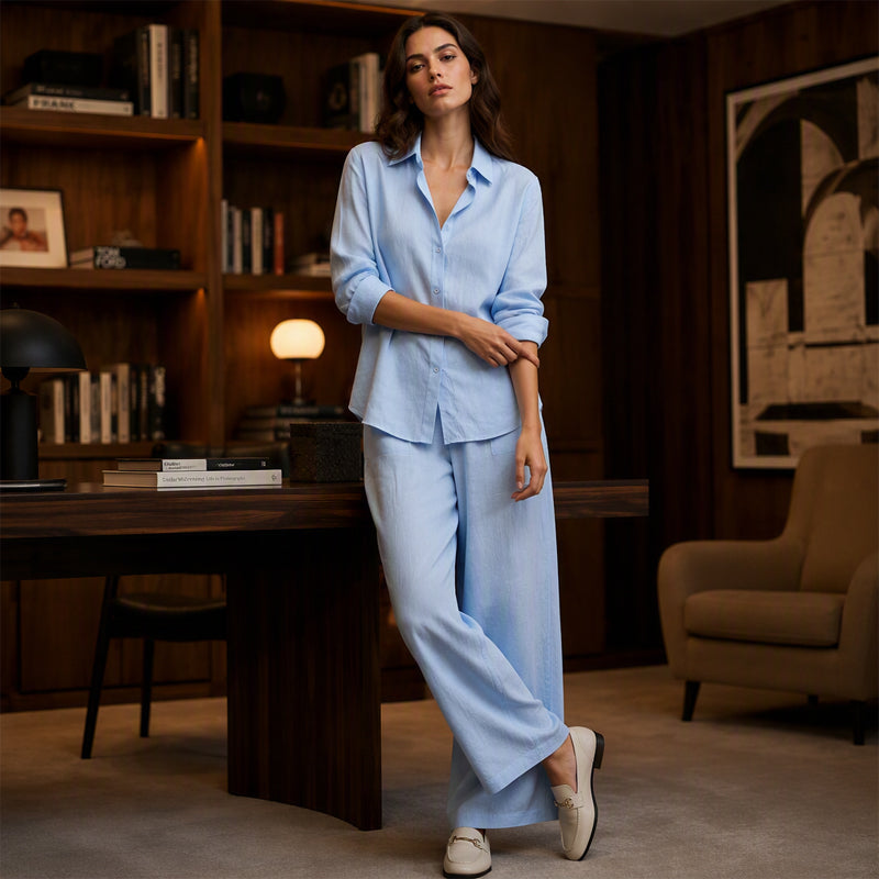 Conjunto mujer con camisa abotonada y pantalón ancho