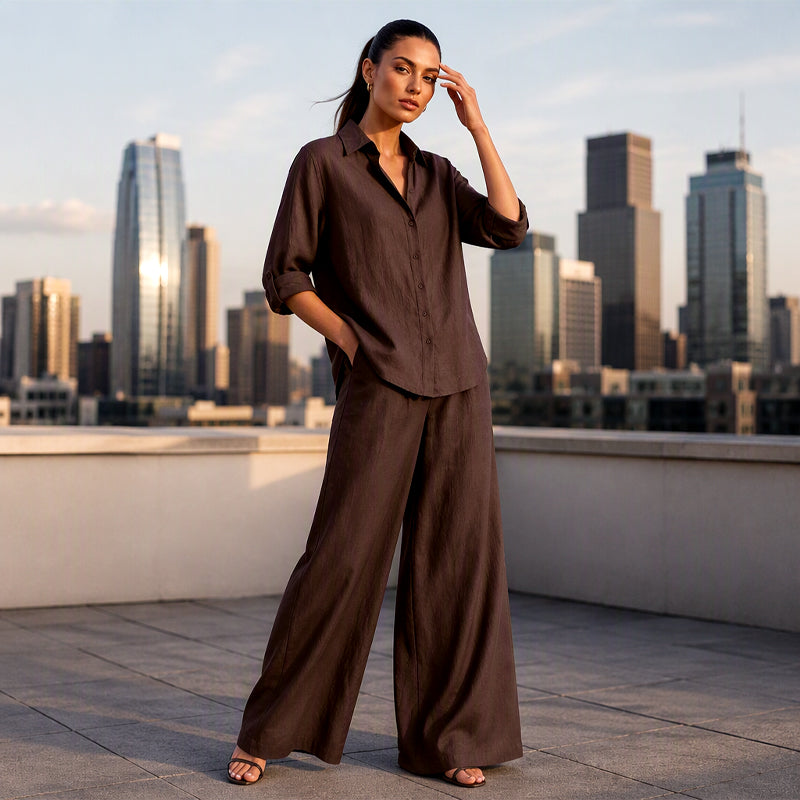 Conjunto mujer con camisa abotonada y pantalón ancho