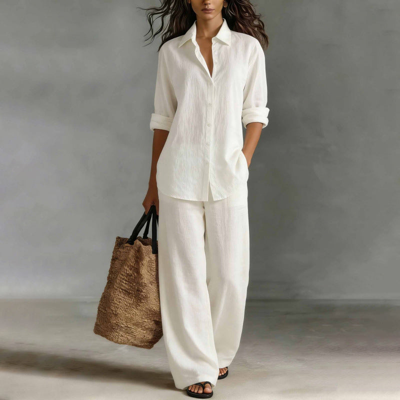 Conjunto mujer con camisa abotonada y pantalón ancho