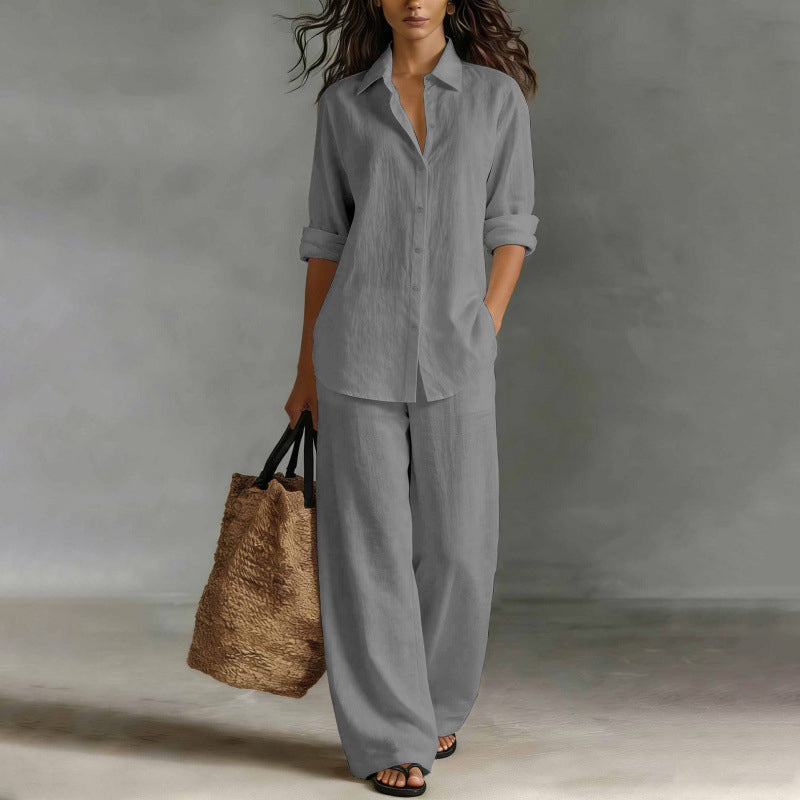Conjunto mujer con camisa abotonada y pantalón ancho