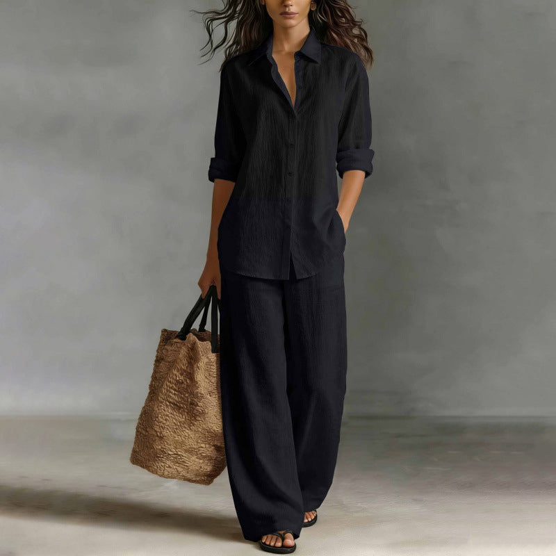Conjunto mujer con camisa abotonada y pantalón ancho