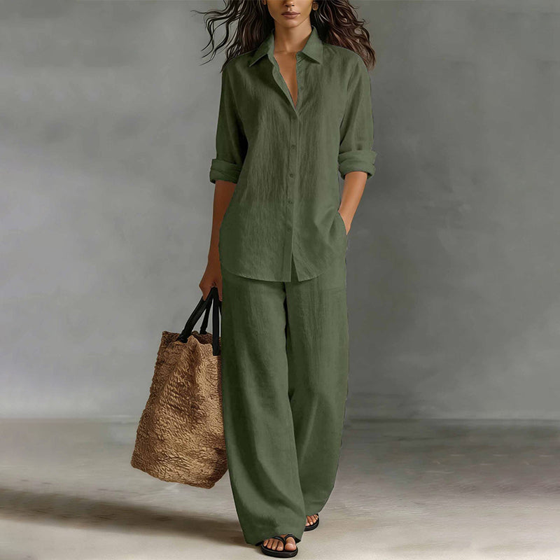 Conjunto mujer con camisa abotonada y pantalón ancho