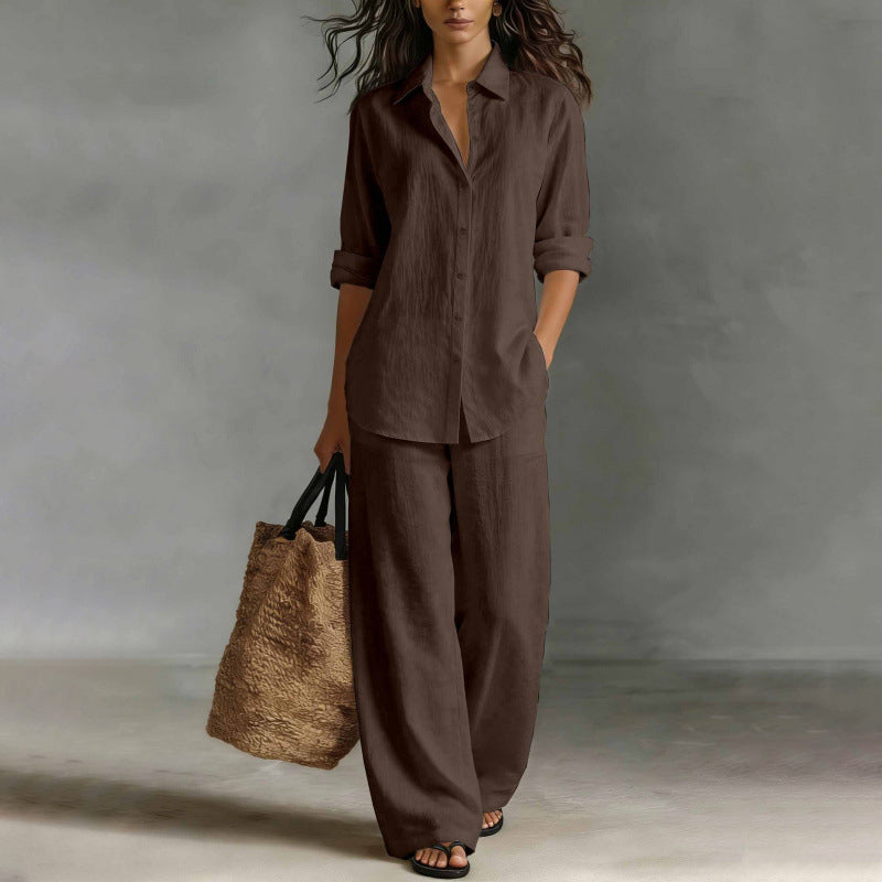 Conjunto mujer con camisa abotonada y pantalón ancho