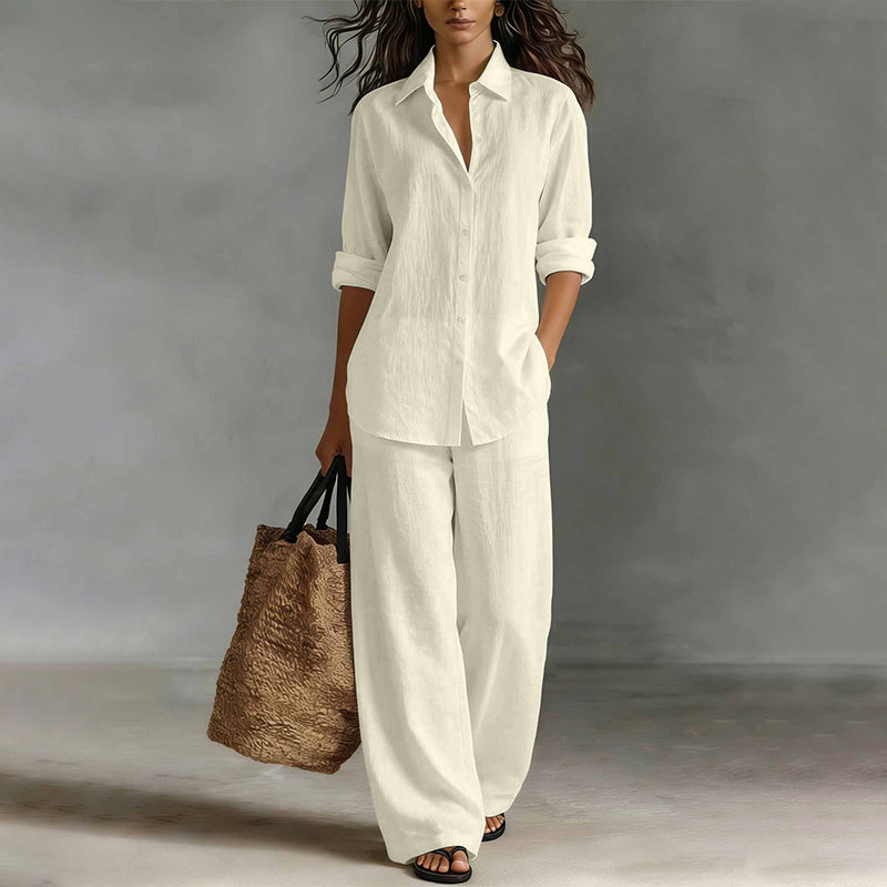 Conjunto mujer con camisa abotonada y pantalón ancho