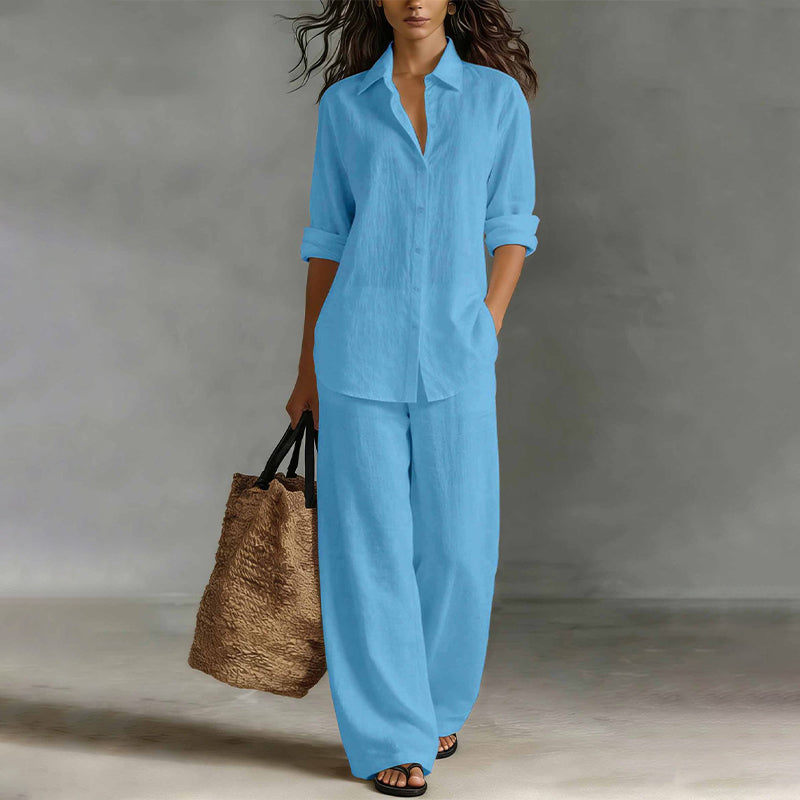 Conjunto mujer con camisa abotonada y pantalón ancho