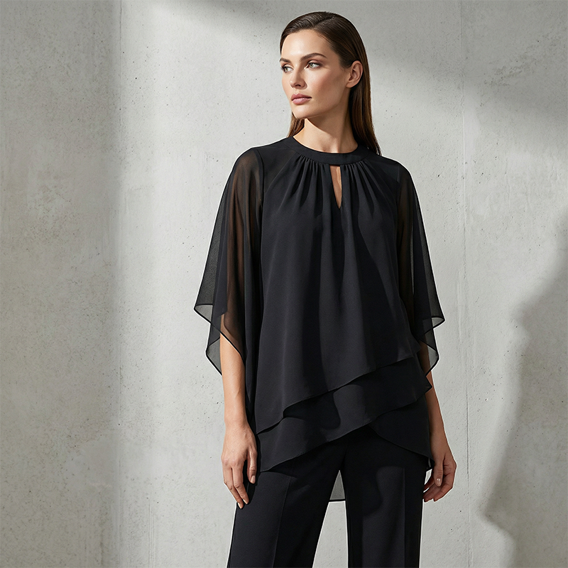 Conjunto elegante mujer con blusa asimétrica y pantalón ancho