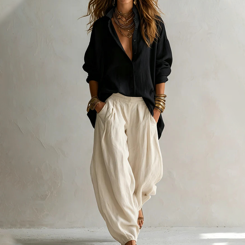 Conjunto mujer con camisa amplia y pantalón fluido