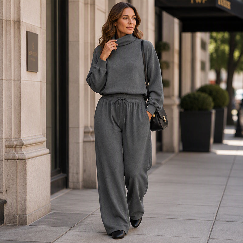 Conjunto mujer de dos piezas con cuello alto y pantalón ancho