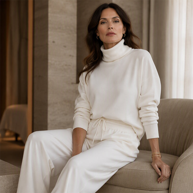 Conjunto mujer de dos piezas con cuello alto y pantalón ancho