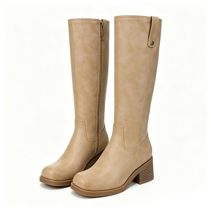 Botas altas de mujer con tacón bloque y cierre de cremallera lateral