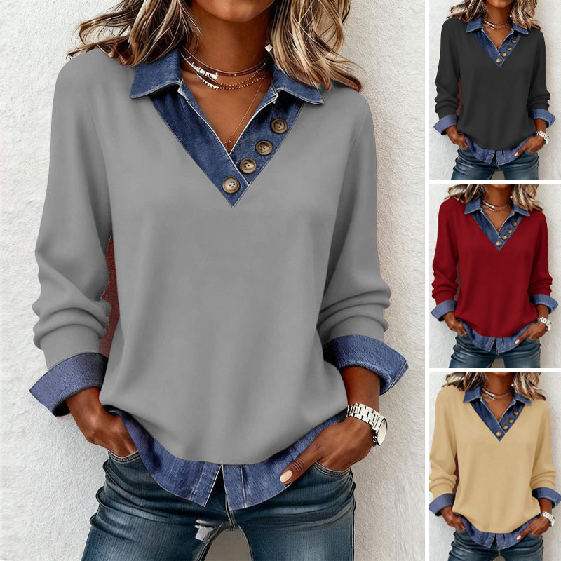 Blusa mujer efecto superpuesto con cuello denim y botones