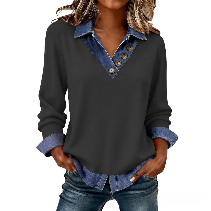 Blusa mujer efecto superpuesto con cuello denim y botones