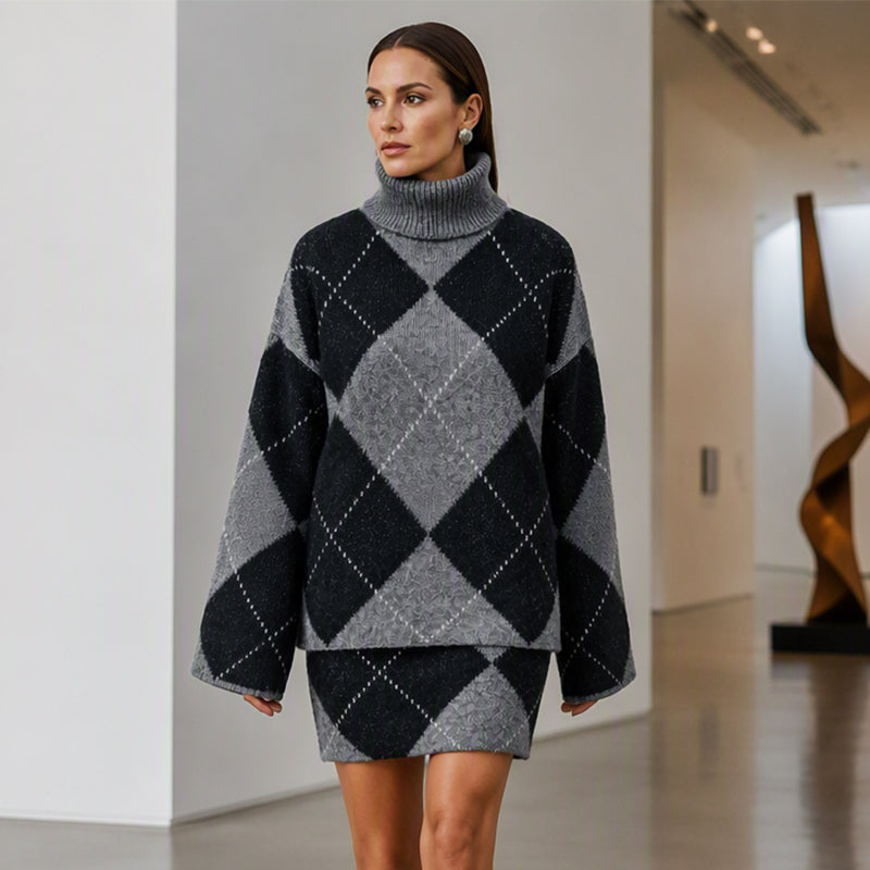 Conjunto de jersey y falda para mujer con estampado de rombos