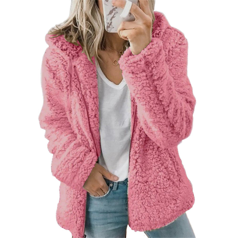 Chaqueta de felpa para mujer con capucha y cremallera