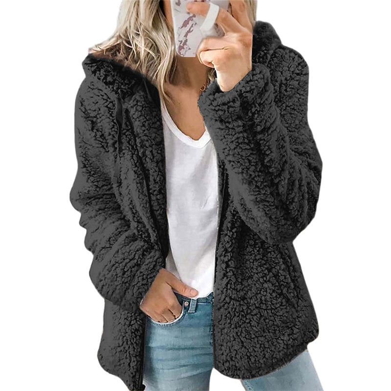Chaqueta de felpa para mujer con capucha y cremallera