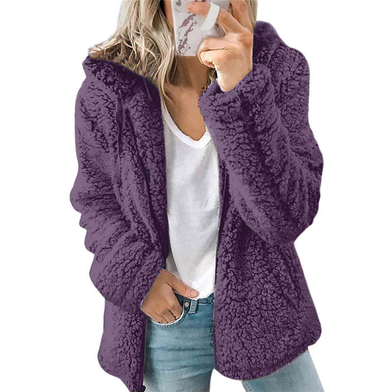 Chaqueta de felpa para mujer con capucha y cremallera