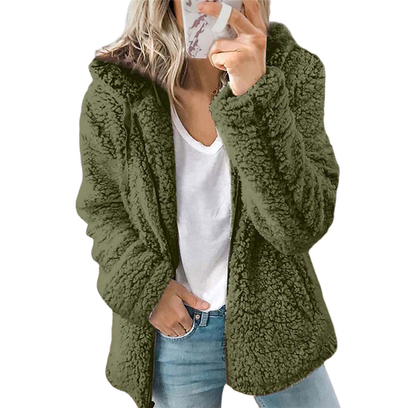 Chaqueta de felpa para mujer con capucha y cremallera