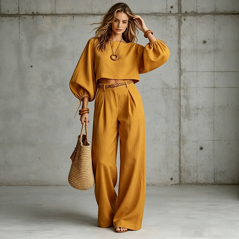 Conjunto de mujer con top corto y pantalón ancho de cintura alta