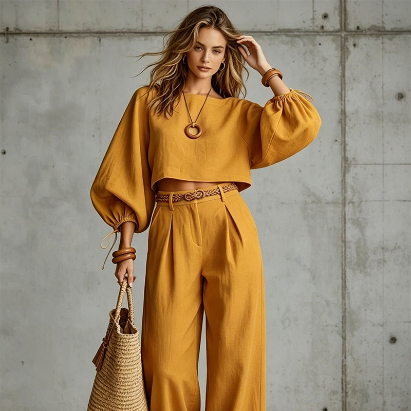 Conjunto de mujer con top corto y pantalón ancho de cintura alta