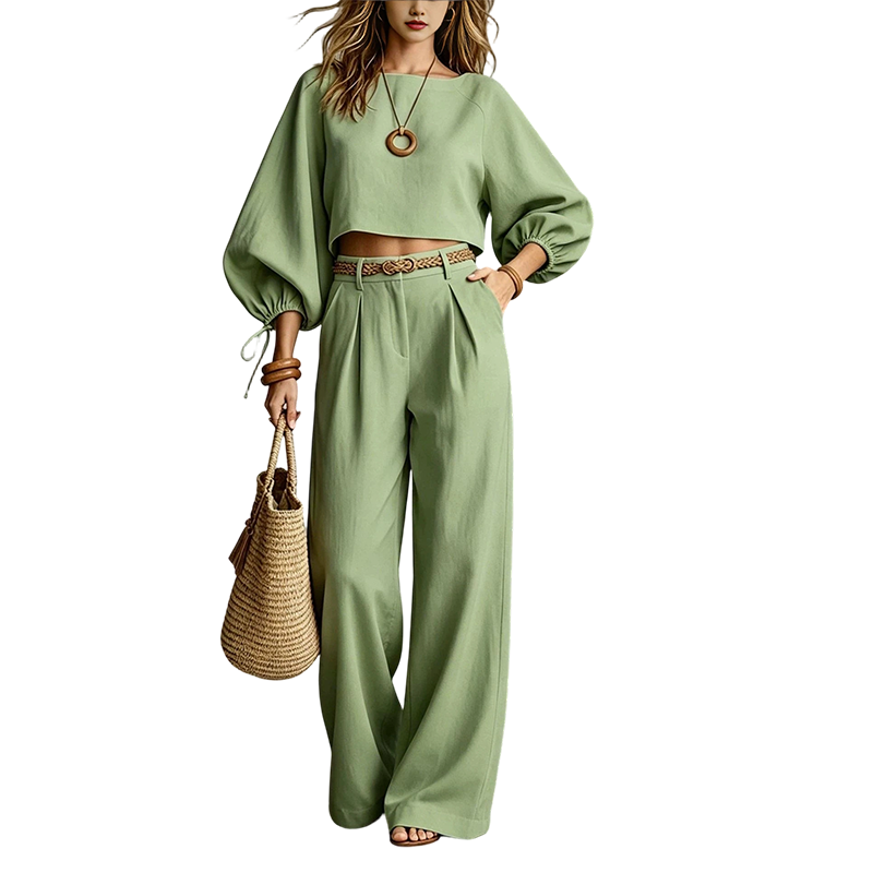 Conjunto de mujer con top corto y pantalón ancho de cintura alta