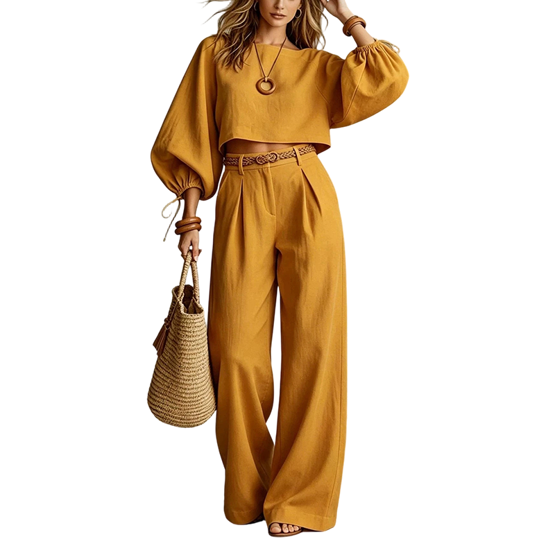 Conjunto de mujer con top corto y pantalón ancho de cintura alta