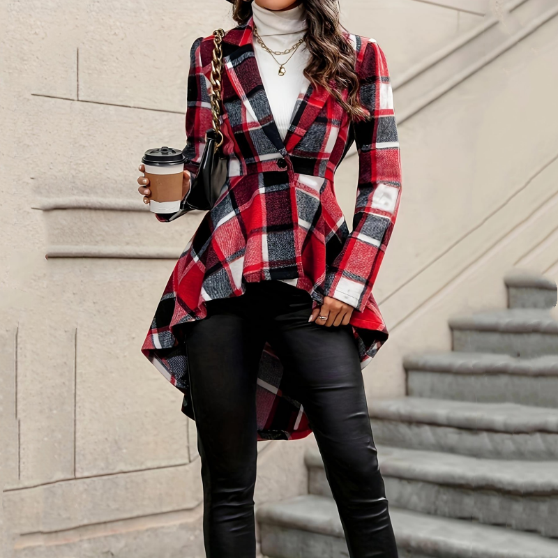 Chaqueta peplum a cuadros para mujer con bajo asimétrico elegante
