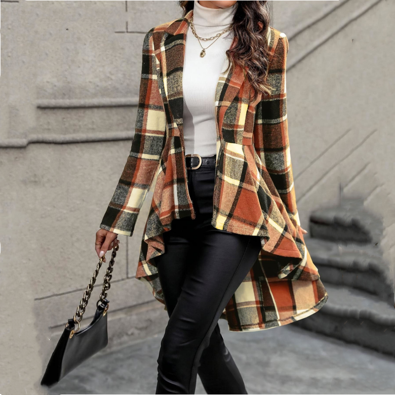 Chaqueta peplum a cuadros para mujer con bajo asimétrico elegante