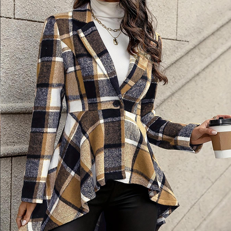 Chaqueta peplum a cuadros para mujer con bajo asimétrico elegante