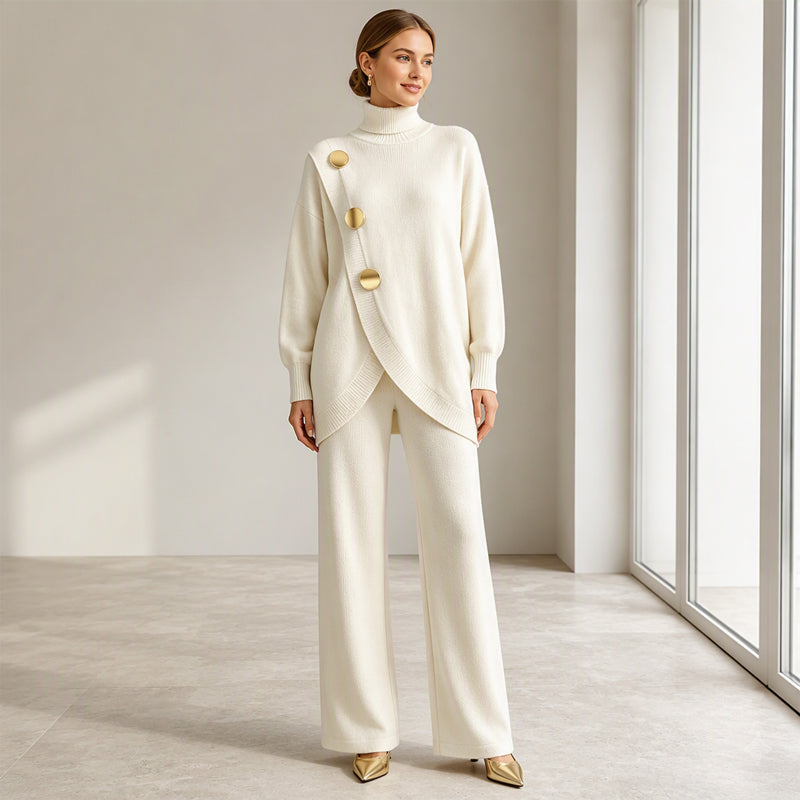 Conjunto de punto para mujer con cuello alto y pantalón de pierna ancha