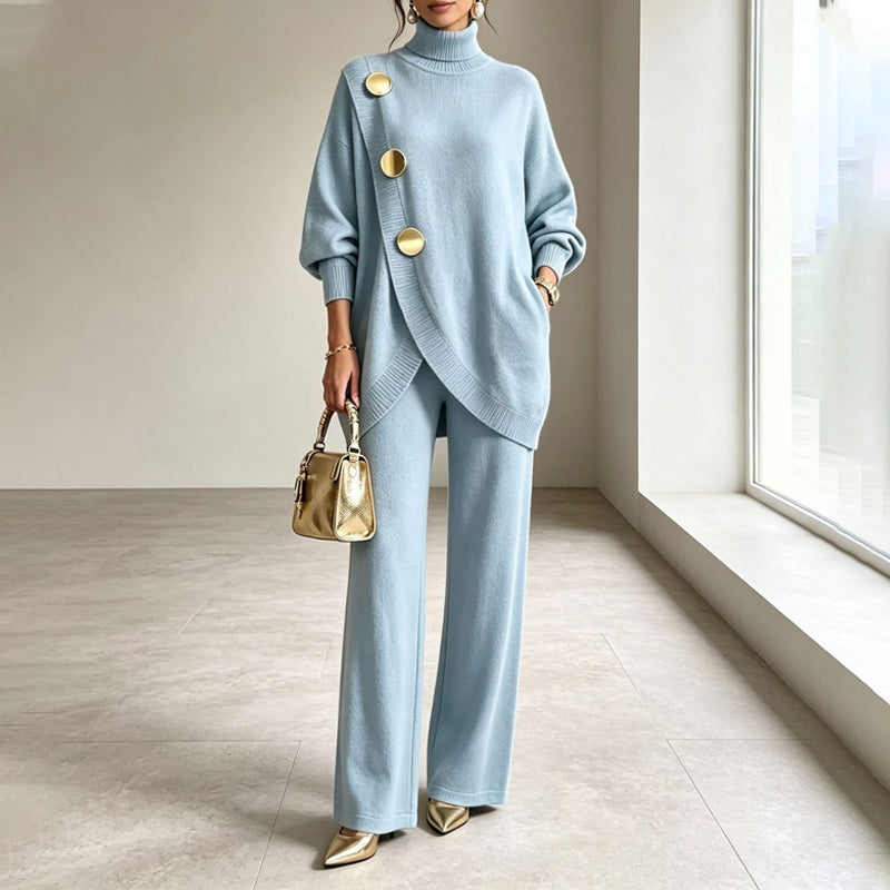 Conjunto de punto para mujer con cuello alto y pantalón de pierna ancha