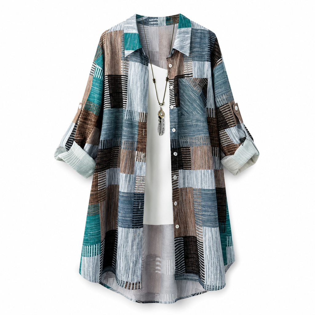 Camisa patchwork holgada para mujer con botones y cuello clásico