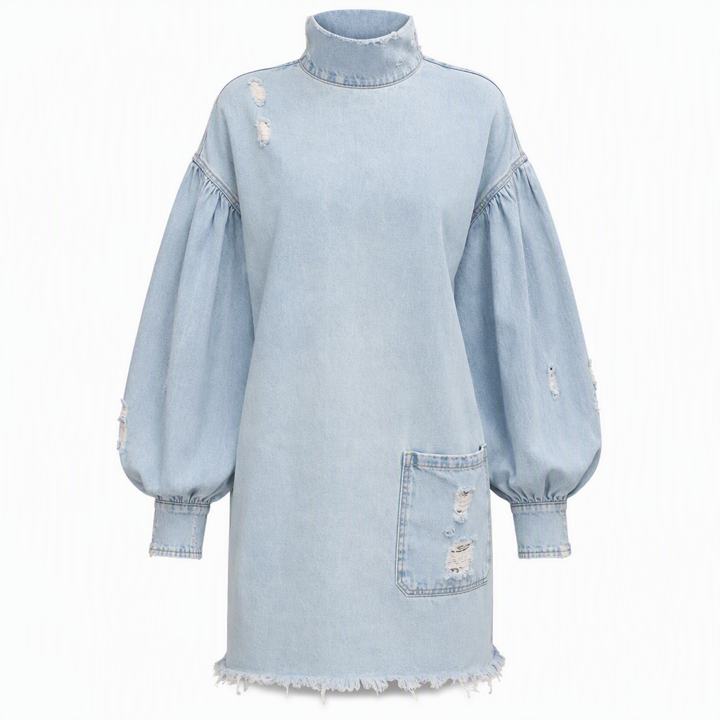 Vestido mini oversize de mujer con cuello alto y mangas amplias