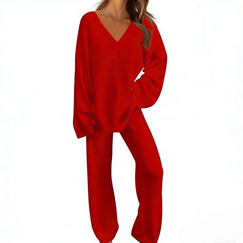 Conjunto de punto para mujer con suéter de cuello en V y pantalón ancho