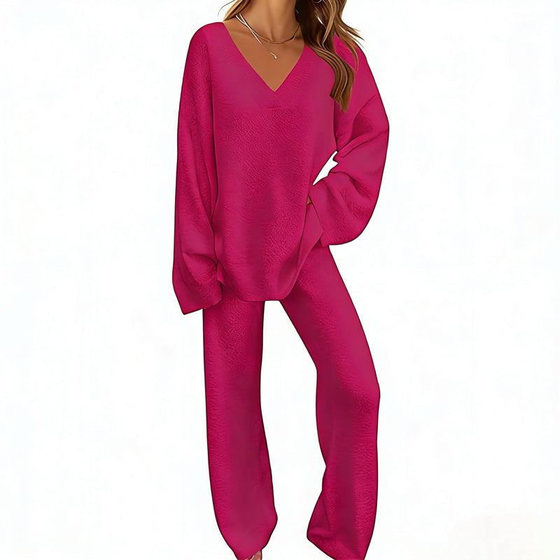 Conjunto de punto para mujer con suéter de cuello en V y pantalón ancho