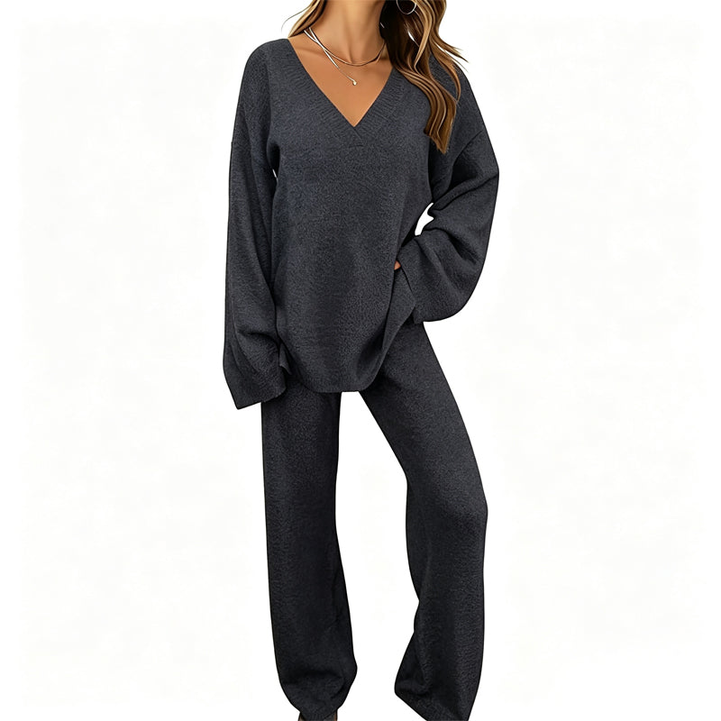 Conjunto de punto para mujer con suéter de cuello en V y pantalón ancho