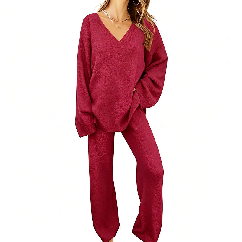 Conjunto de punto para mujer con suéter de cuello en V y pantalón ancho