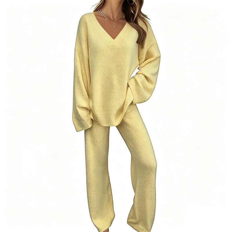 Conjunto de punto para mujer con suéter de cuello en V y pantalón ancho
