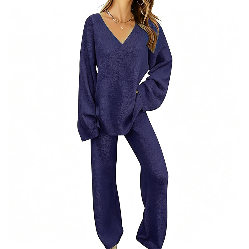 Conjunto de punto para mujer con suéter de cuello en V y pantalón ancho