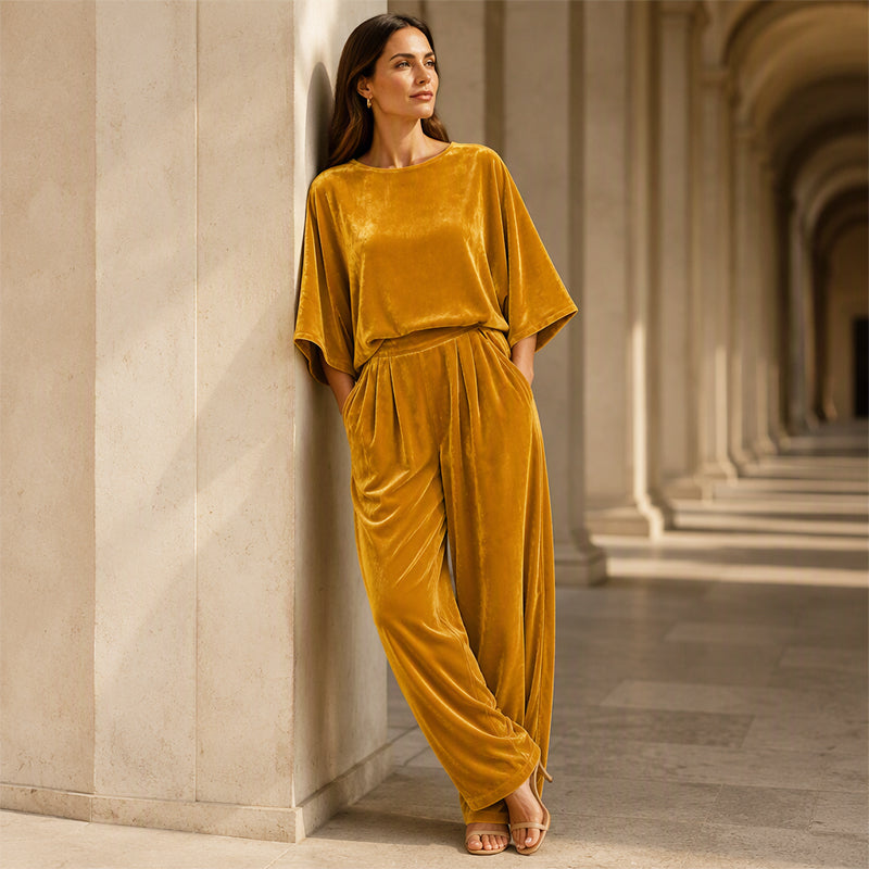 Conjunto de terciopelo para mujer con blusa holgada y pantalón ancho